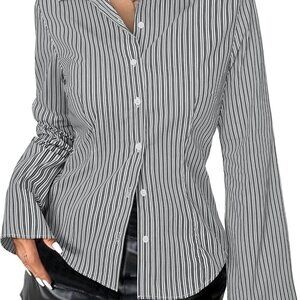 Women's Striped Button Down Shirts Flare Sleeve Slim Fit Blouses V Neck Collared